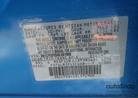 2024 Nissan Kicks S Xtronic Cvt z USA, uszkodzony, nr VIN 3N1CP5BV5RL591900